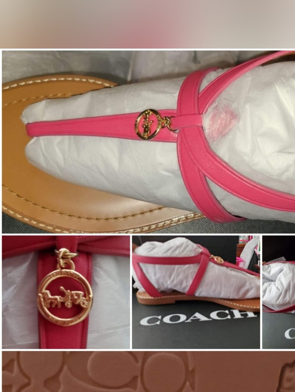 Coach Pink Leather Strappy Thong Sandals with Gold Logo Charm* Authentic